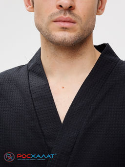 Мужской вафельный халат с планкой черный В-03 (27)