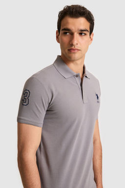 Erkek Slim Fit Polo Yaka Gri Basic Ti__rt