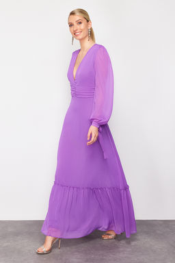 Mor A-Kesim Dokuma Sifon Uzun Gece Abiye Elbise TPRSS24AE00117 - Trendyolmilla фото 3