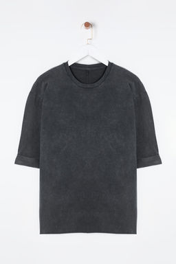 Antrasit Y?kamal? %100 Pamuk Duble Kol Asimetrik Boyfriend Orme T-Shirt TWOSS20TS0828