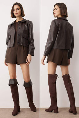 Kahverengi Suet Kad?n 6 cm Topuklu Premium Cizme TAKAW26CZ00041