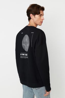 TRENDYOL MAN Lacivert Bisiklet Yaka Oversize/Genis Kesim Ici Polar/S?cak Tutan Mistik Bask? TMNAW23SW00275