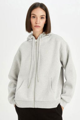 Gri Okula Donus Relax Fit Kapusonlu Kal?n Basic Duz Cepli Fermuarl? Sweatshirt