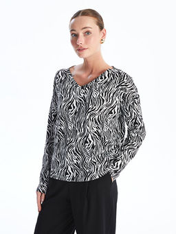 V Yaka Desenli Uzun Kollu Kad?n Bluz