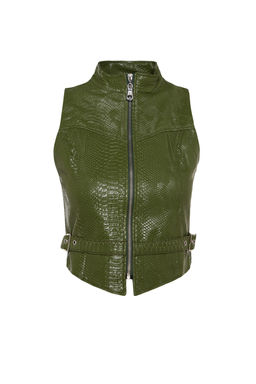 Limited Edition Haki Astarl? Timsah Desenli Crop Dokuma Yelek TWOAW22YE0083