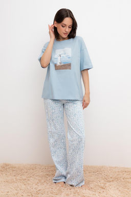 VERY NEAT _ Е 40046/голубой,кружевной узор брюки жен