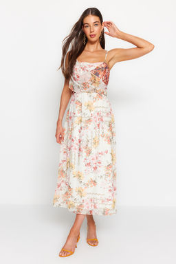Trendyolmilla Beyaz Cicek Desenli Belden Ac?lan Ask?l? Maxi Astarl? Sifon Dokuma Elbise TWOSS23EL02421
