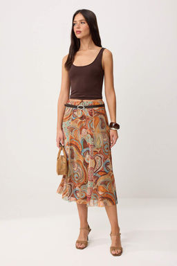 Sar? Sal DesenBoho/Boho Chic Skater Kemerli Normal Bel Midi Tul Orme Etek TWOSS26ET00165