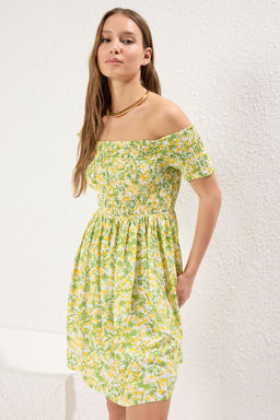 Cok Renkli Cicekli Etegi Belden Ac?lan Gipeli Mini Dokuma Elbise TWOSS25EL00301