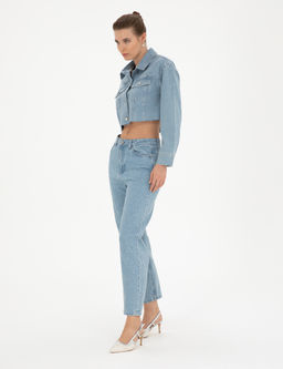 A__k Mavi Parlak Ta_l_ Mom Fit Jean Pantolon