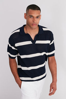 Lacivert Regular Fit Pamuklu _izgili Ka__k Pat Triko Polo Yaka T-ShirtTMNSS24PO00004