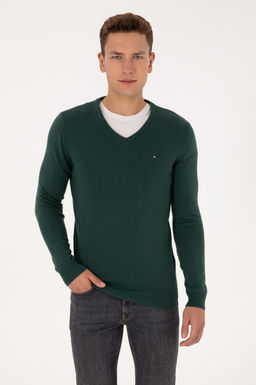 Erkek Slim Fit V Yaka Koyu Ye_il Basic Kazak