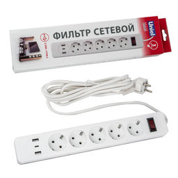 S-GSR5-3 U2C1 WHITE/GREY Сетевой фильтр серии Standard, шнур 3м (Пвс 3х0,75), 5 гнезд, с/з, 2USB+1TYPE C, 10A, 2500Вт. Белый/серый. TM Uniel