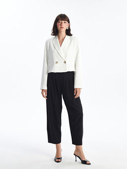 D?z Uzun Kollu Keten Kar???ml? Kad?n Blazer Ceket