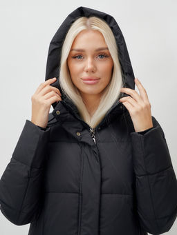 Пальто утепленное стеганное зимнее с капюшоном женское черного цвета 9608Ch - Mtforce фото 6