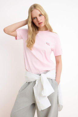 Ac?k Pembe Nak?sl? / Islemeli Regular/Normal Kal?p Tok %100 Pamuk Orme T-Shirt TWOSS26TS00144