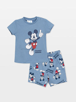Bisiklet Yaka K?sa Kollu Mickey Mouse Bask?l? Erkek Bebek ?ortlu Pijama Tak?m?