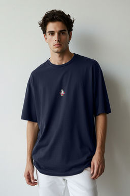 Lacivert Oversize/Genis Kesim Penguen Nak?sl? %100 Pamuklu T-Shirt TMNSS23TS00243