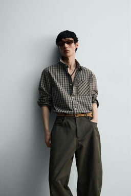 CAMISA ALGOD?N - LYOCELL CUADROS / Gris / Tostado - Zara фото 6