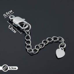 Замок-карабин родированный 1,2х0,5см Сердечко с удлинителем 5,3см, цвет серебро