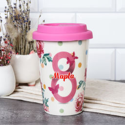 Стакан 440 мл керамика с силиконовой крышкой 8 марта / A932 /уп 72/ Белый - Галеонтрейд фото 2