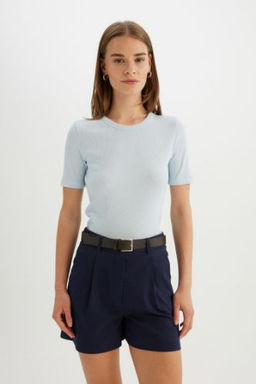 Slim Fit Dar Kesim Bisiklet Yaka Fitilli Kaskorse Basic Duz K?sa Kollu Tisort