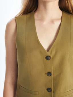 V Yaka D?z Keten Kar???ml? Kad?n Klasik Yelek