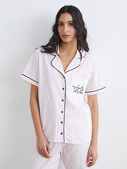 G?mlek Yaka ?izgili Kad?n Pijama Tak?m