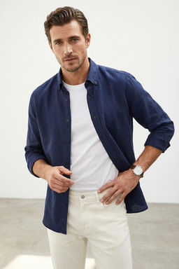 Trendyolmilla Man Mavi Regular Fit Keten Kar?s?ml? Erkek Gomlek TMNSS25GO00082 фото 5