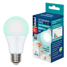 LED-A60-9W/SCBG/E27/FR/DIM IP65 PLO65WH Лампа светодиодная диммируемая для бройлеров. Спектр синий и зеленый. TM Uniel.
