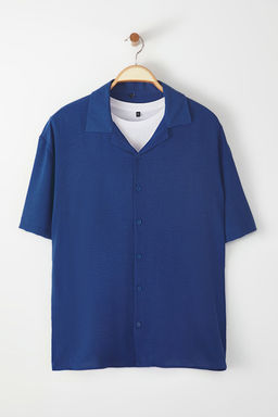 TRENDYOL MAN Siyah Siyah Oversize Fit Yazl?k K?sa Kollu Keten Gorunumlu Gomlek Gomlek TMNSS24GO00019