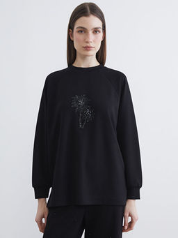 Bisiklet Yaka Boncuk ??lemeli Kad?n Sweatshirt Tunik