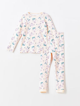 Bisiklet Yaka Bask?l? Uzun Kollu K?z ?ocuk Pijama Tak?m?