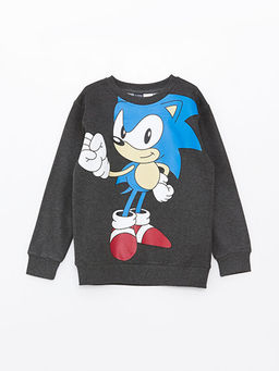 Bisiklet Yaka Sonic Bask?l? Uzun Kollu Erkek ?ocuk Sweatshirt
