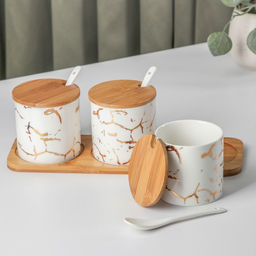 Банки с ложками на деревянной подставке Эстет. Gold, набор 3 шт.: 300 мл, керамика, белые - Simaland фото 2