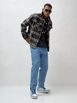 Куртка рубашка шерстяная в клетку мужская демисезонная черного цвета 58596Ch