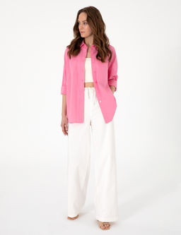 A__k Pembe Oversize Keten Kar___ml_ Uzun Kollu G_mlek