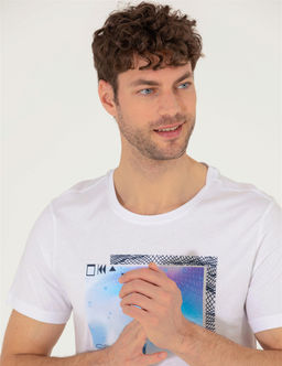 Beyaz Slim Fit Bask_l_ Bisiklet Yaka Ti__rt - Pierre cardin фото 3
