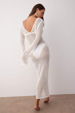 Ekru Triko Maxi Derin V Yaka Plaj Elbisesi TBESS25EL00151