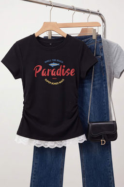 Siyah Slogan Fitted Dik Yaka Standart Kol K_sa Crop Yumu_ak _rme T-Shirt TWOSS26TS00355 - Trendyolmilla фото 2