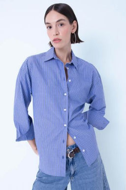 Oversize Genis Kal?p Cizgili Poplin Uzun Kollu Gomlek