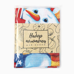 Набор новогодних полотенец Доляна Снеговик 35х60см-3штуки, 100% хлопок, вафельное полотно 162г/м2  фото 7