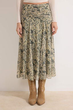 Haki Maxi Buzgu/Drape Detayl? Boho/Boho Chic Baskl?l? Tul Esnek Orme Etek TWOAW26ET00122