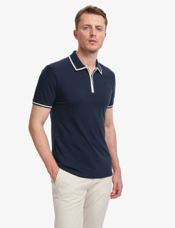 Lacivert Slim Fit %100 Pamuk Fermuarl_ Polo Yaka Ti__rt
