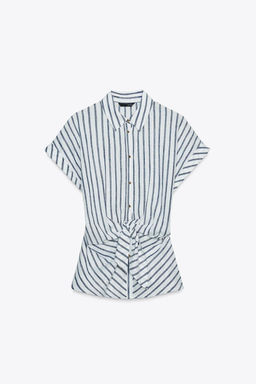 STRIPED KNOTTED LINEN BLEND SHIRT - Zara фото 6