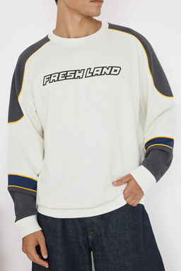 Teen Ekru Yeni Oversize/Genis Kesim Yaz? Nak?sl? Renk Bloklu Sweatshirt TMNAW26SW00005 - Trendyolmilla фото 3