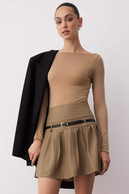 Bej Cizgili Yuksek Belli Kemerli Piliseli Dokuma Mini Etek TWOAW26ET00030 - Trendyolmilla фото 2