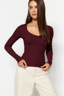 Bordo-Tas 2li Paket V Yaka Fitted/Vucuda Oturan Pamuklu Esnek Orme Bluz TWOAW24BZ00068