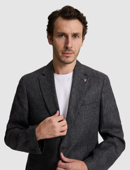 Siyah Slim Fit Keten Kar___ml_ Mikro Desen Mono Yaka Ceket