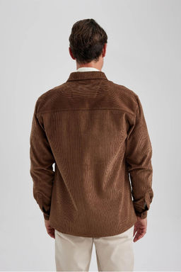 Вельветовая куртка-рубашка стандартного кроя с воротником-поло и длинными рукавами - Defacto фото 8